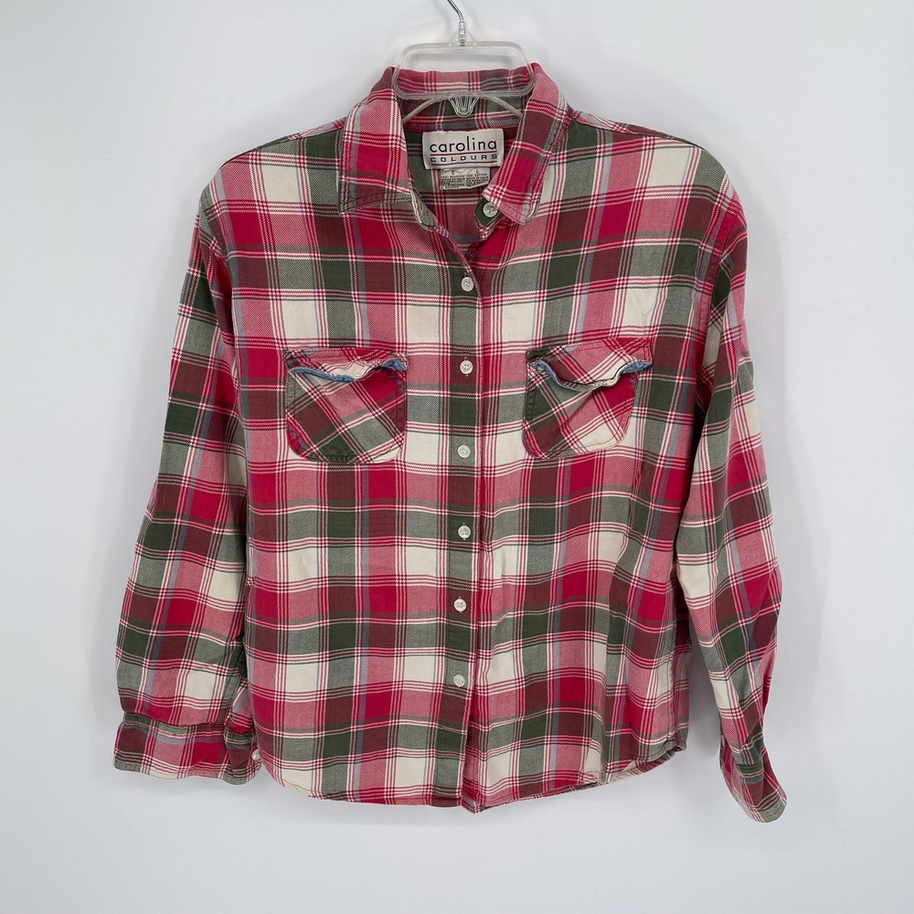 Carolina Colours Vintage Women's Red Plaid Flannel Button‎ Down Shirt Size Large